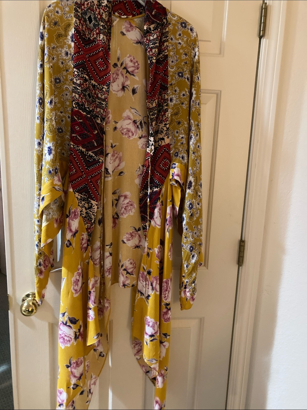 Umgee Yellow Floral Asymmetrical Open-Front kimono with ties